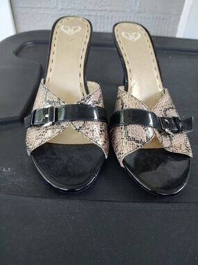 Trac Beige Snake-Print Slide Mules with Black Patent Trim